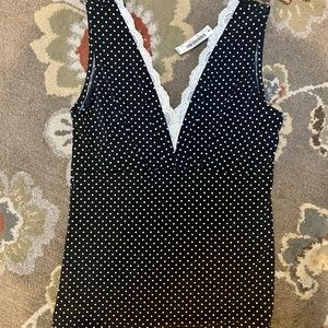 White House Black Market black and white sleeveless polka dot blouse with lace